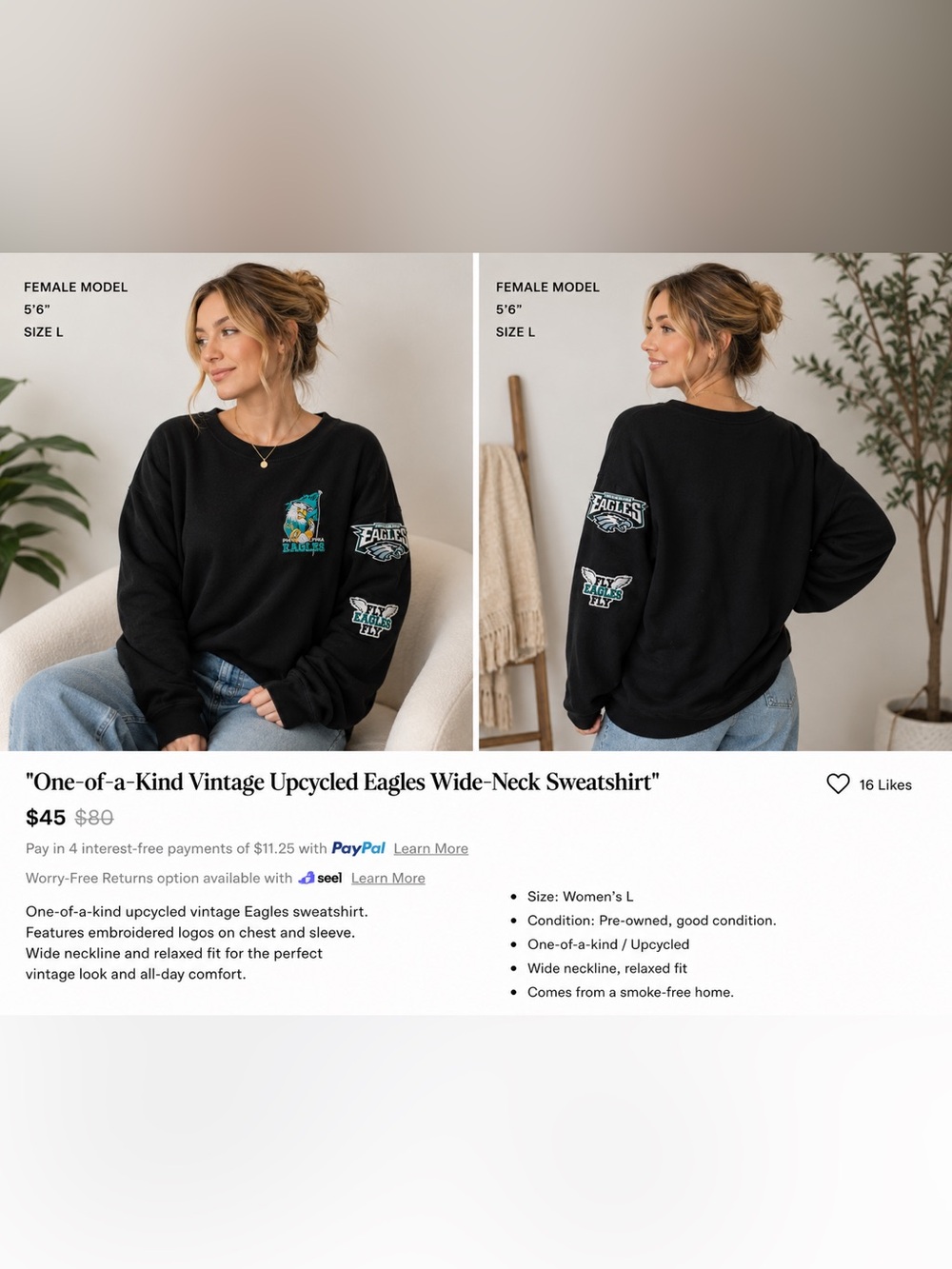"One-of-a-Kind Vintage Upcycled Eagles Wide-Neck Sweatshirt"